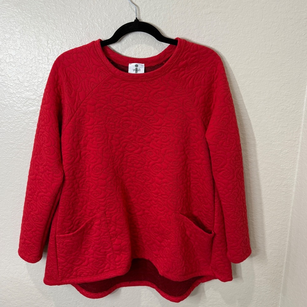 iNoah Red Quilted Rose Floral Sweatshirt Pockets Small Boho Artsy Fall Layering